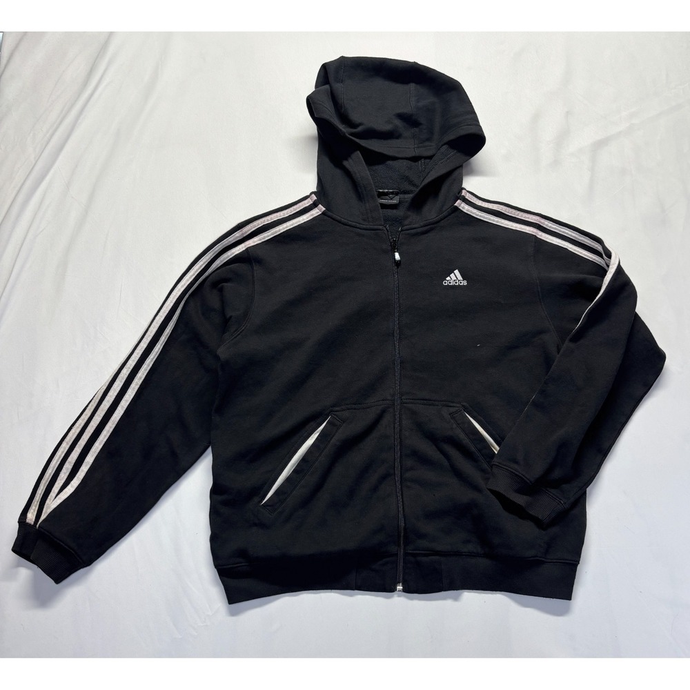 Adidas Essentials Hoodie Youth Medium Black White 2 Stripes‎ Full Zip Athleisure